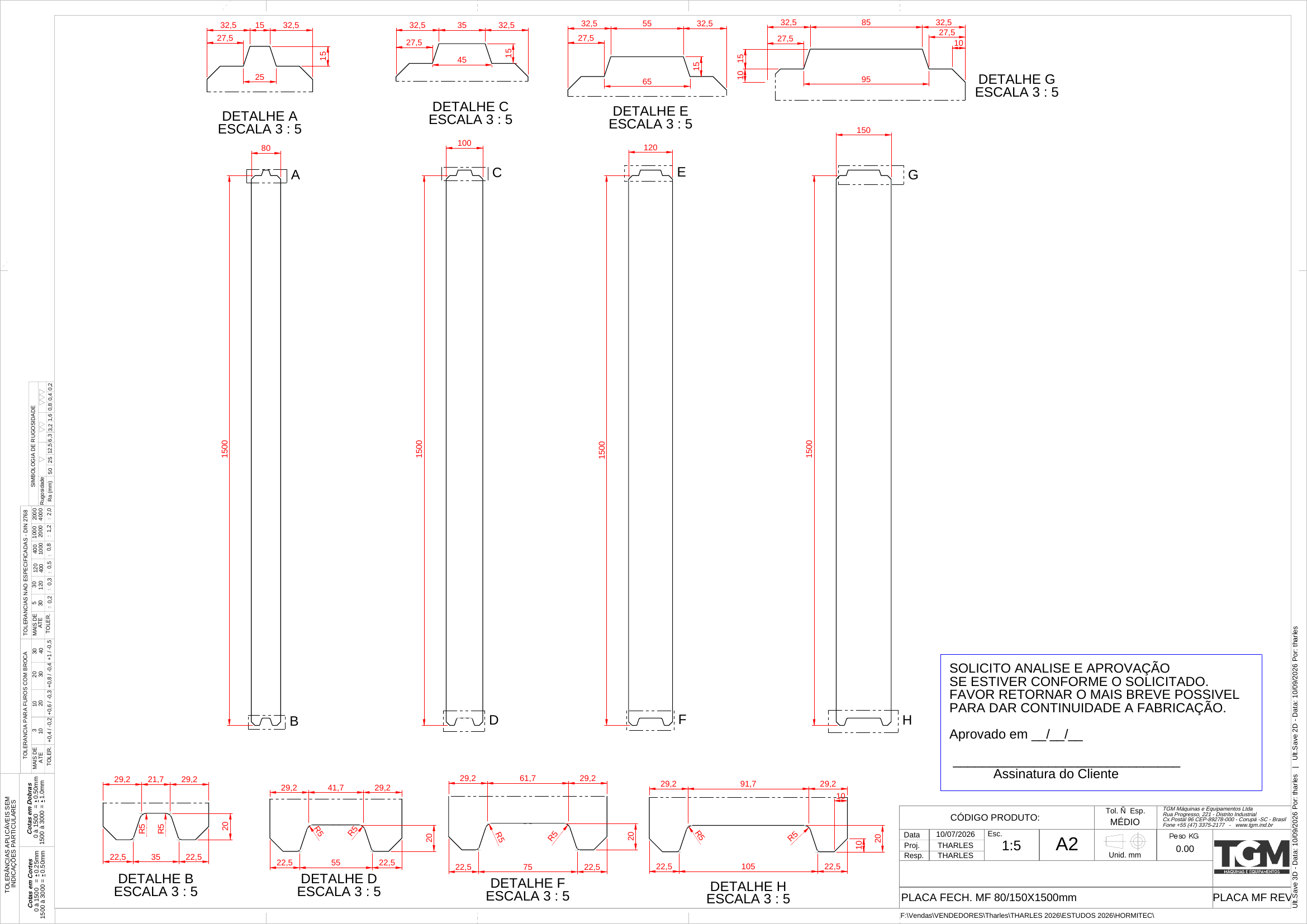 Plano PLACA FECH. MF perfiles macho y hembra 80 a 150 mm